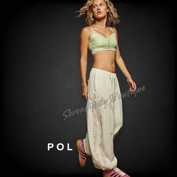POL Breezy Delicate Lace Embroidered Cotton  Double Gauze Wide Leg Pants - Picture 8 of 9